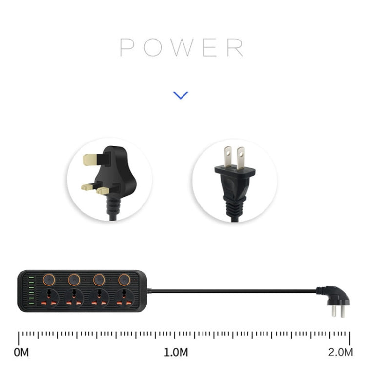 A05 2m 3000W 4 Plugs + 6-USB Ports Multifunctional Flame-Retardant Socket With Switch, UK Plug, US Plug