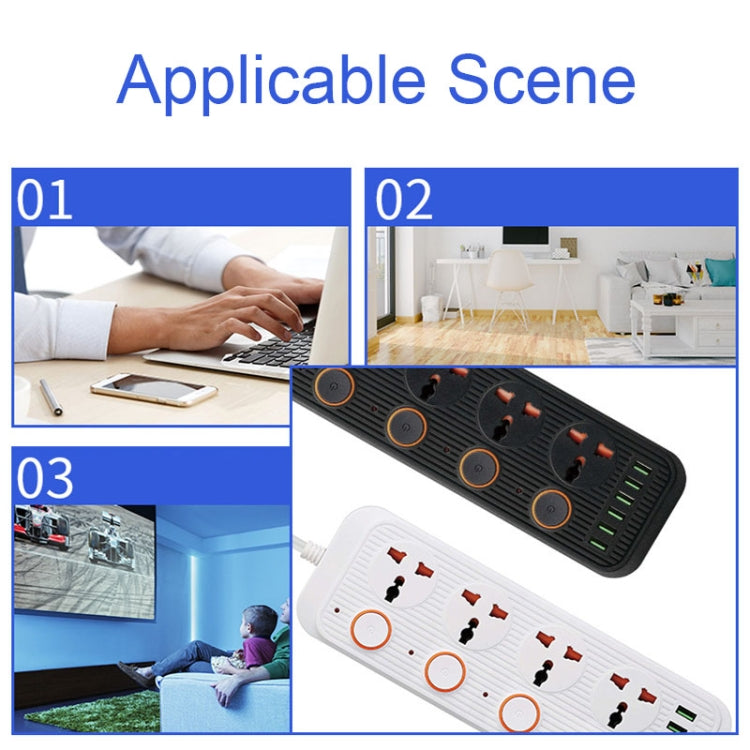 A05 2m 3000W 4 Plugs + 6-USB Ports Multifunctional Flame-Retardant Socket With Switch, UK Plug, US Plug