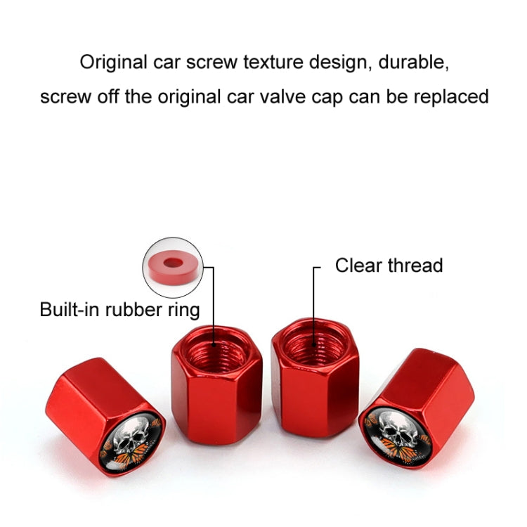 4pcs/set Skull Metal Car Tire Universal Modified Aluminum Alloy Valve Cap, Black, Silver, Red