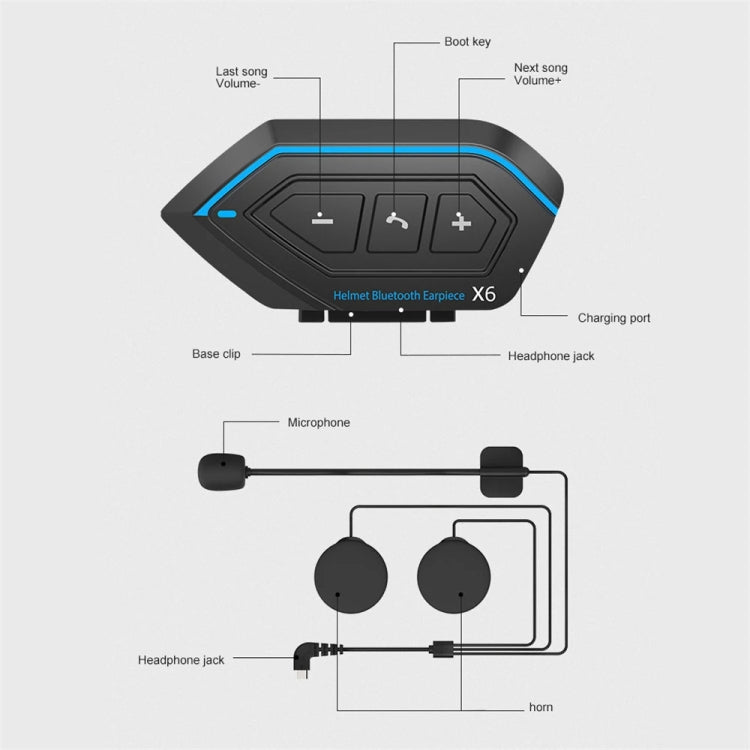 X6 Helmet Bluetooth Headset Wireless Waterproof Moto Handsfree Stereo Headphone