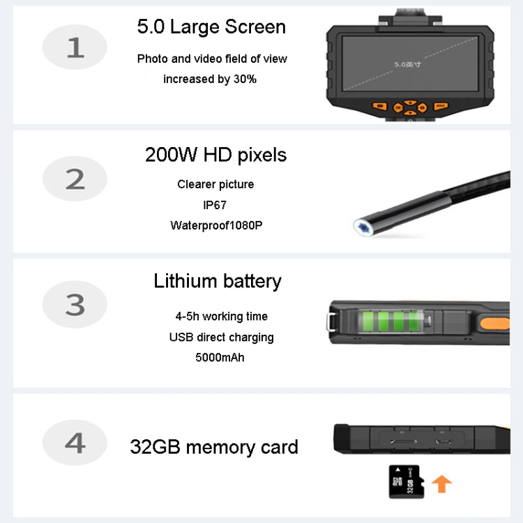 Teslong NTS300 5.5mm-3M  Dual Lens Waterproof 5 Inch HD Industrial Borescope Auto Repair Tools, 5.5mm Dual Lens / 3m
