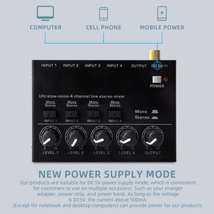 Ultra-compact 4 Channel Stereo Sound Low-noise Mixer For Recording Live Broadcasting, US Plug, MAX400