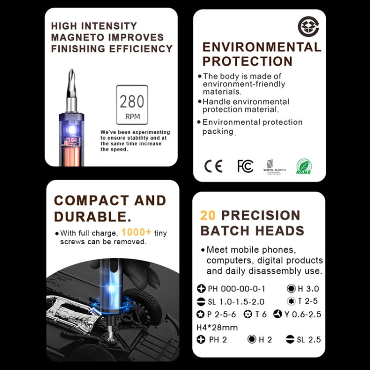 BAKU Worktop 280rpm/Min 0.35N.M Electric Screwdriver Set With 20 Bits, Worktop