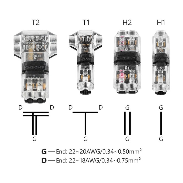 Straight Plug Quick Terminal Block No Strip Multifunctional Wire Connector, H1, H2, T1, T2, H1-T, H2-T, T1-T, T2-T