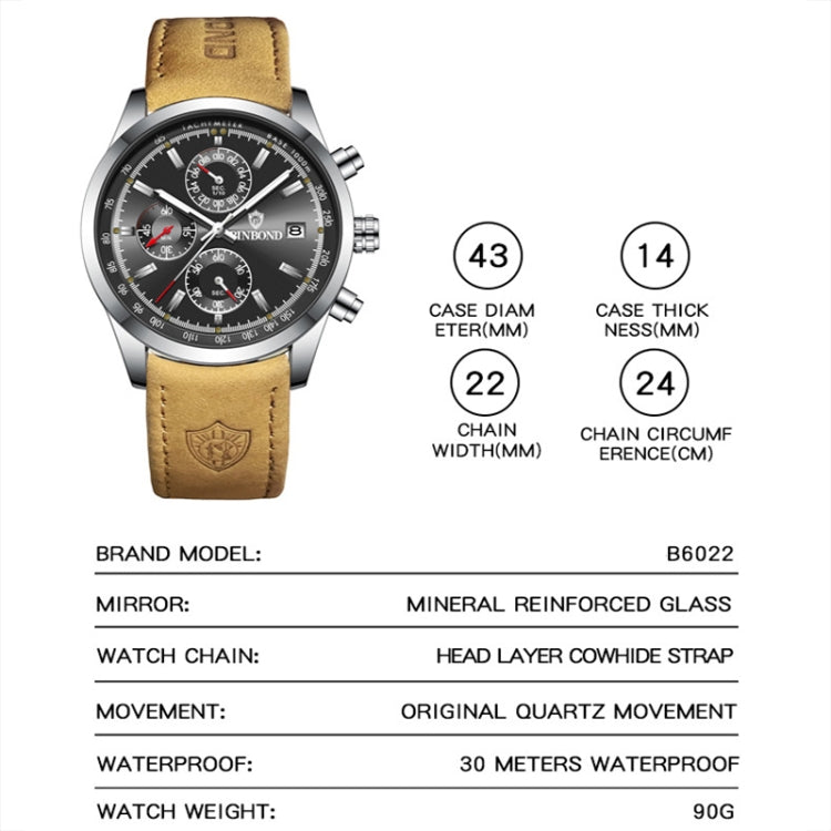 BINBOND B6022 30m Waterproof Luminous Multifunctional Quartz Watch, Leather-White Steel-Black, Leather-White Steel-Blue, Leather-White Steel-Green, Leather-White Steel-White, Leather-Black Steel-Black, White Steel-Black, White Steel-Blue               ...