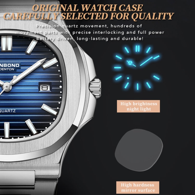BINBOND B1885 30m Waterproof Retro Luminous Square Men Quartz Watch, White Steel-Blue, White Steel-Black, White Steel-White, White Steel-Green, Rose Gold-Blue, Rose Gold-Black, Rose Gold-White, Black Steel-Black-White, Black Steel-Blue-White