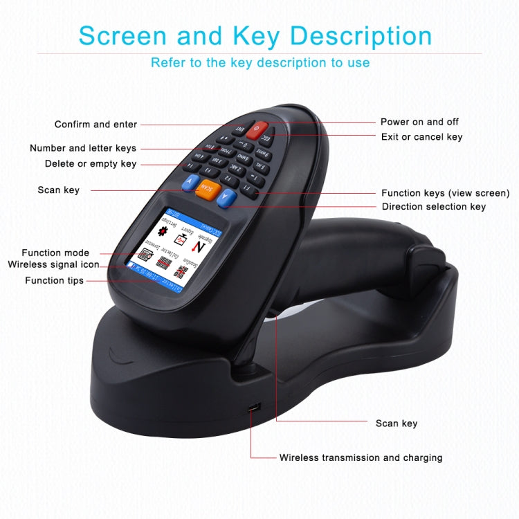 Wireless Barcode Reader Scanner Data Collector With 2.2-Inch LCD Screen, 1D Laser, 1D CCD Red Light, 2D