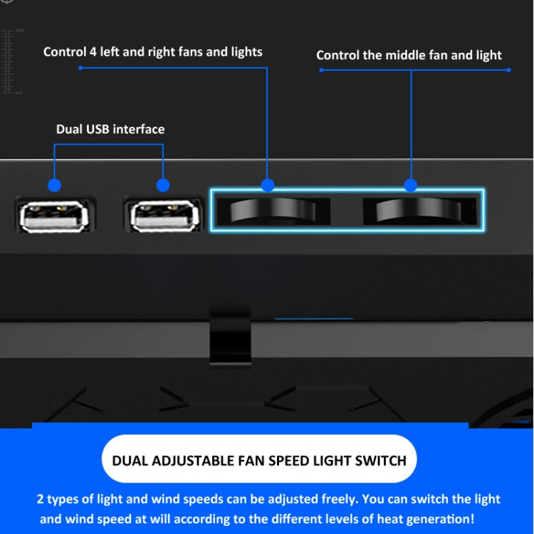 NUOXI 5 Fans Laptop Radiator Bracket Height Adjustable with Dual USB Ports, 5 Fans Black and Red, 5 Fans Black and Blue