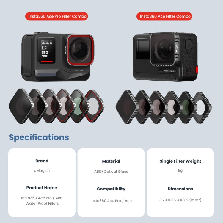 aMagisn Waterproof Filter Protective Goggles Sports Camera Accessories, For Insta360 Ace Pro UV, For Insta360 Ace Pro CPL, For Insta360 Ace Pro CPL+ND8+ND16+ND32, For Insta360 Ace Pro ND8+ND16+ND32+ND64, For Insta360 Ace UV, For Insta360 Ace CPL       ...