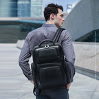 Bopai 61-123291 Large-capacity First-layer Cowhide Laptop Backpack with USB+Type-C Port, Lychee Pattern, Falling Pattern