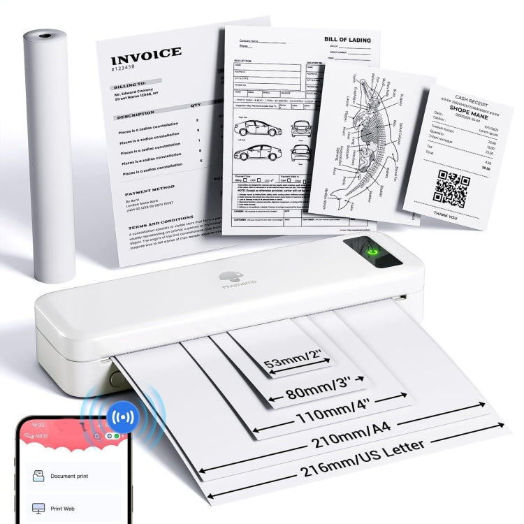 Phomemo M835  Wireless Bluetooth Thermal Printer Support Multi-Size Thermal Paper, M835
