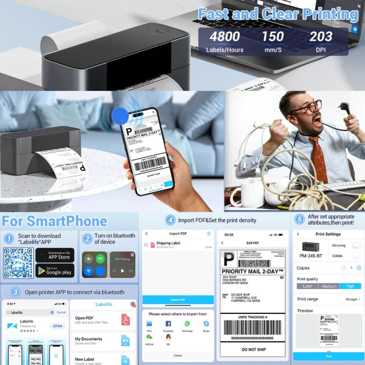 Phomemo PM245-BT Bluetooth Shipping Label Printer Support Labels Width  1- 4.6 Inch, EU Plug, US Plug, UK Plug