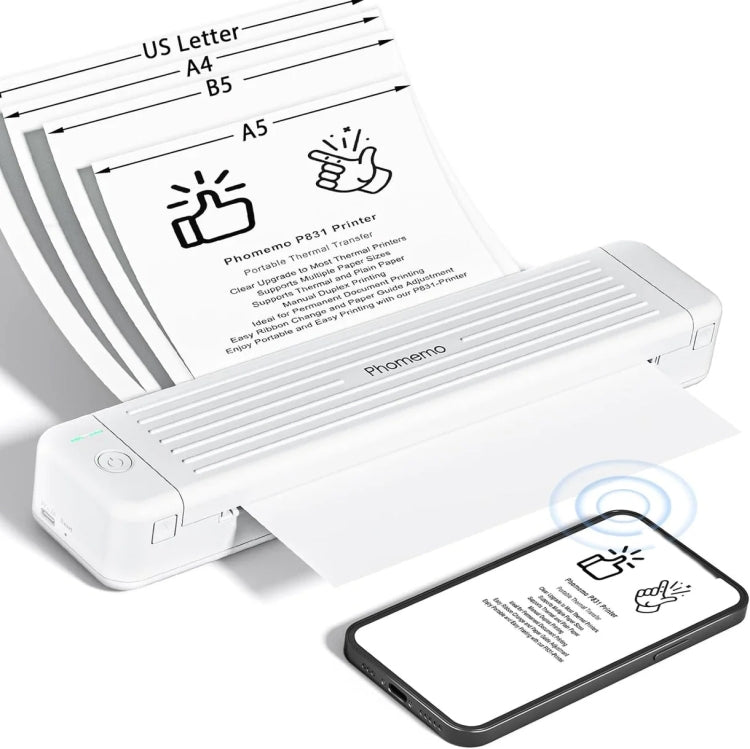 Phomemo P831 Bluetooth Portable Thermal Transfer Printer Support A4 / Letter / A5 / B5 Plain Paper Printing, Black, Pink, Blue, White, Green