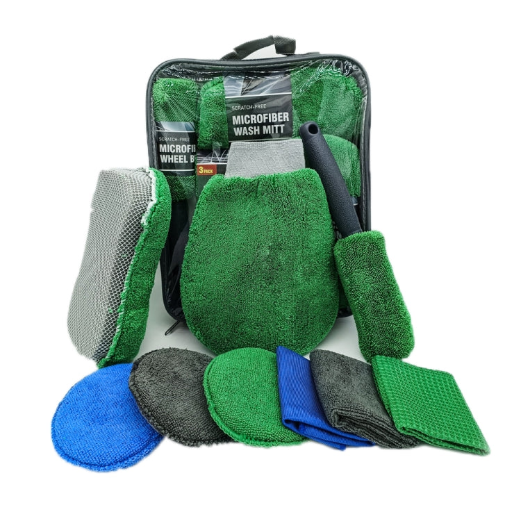9pcs /Set Car Detailing Gloves Rags Waxing Cleaning Set, Green