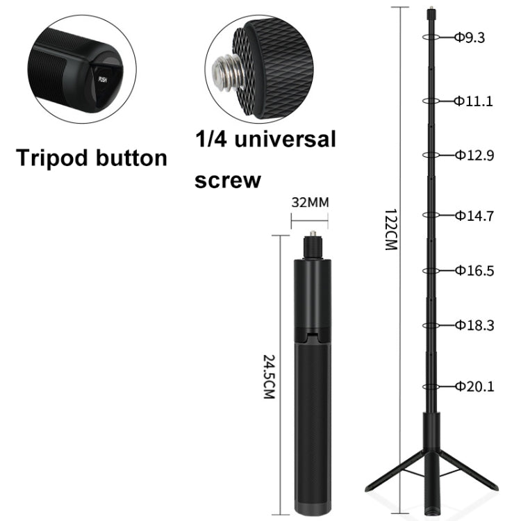 1.22m For Insta360 One X Retractable Integrated Camera Panoramic Invisible Selfie Stick Tripod, 1.22m For Insta360 One X