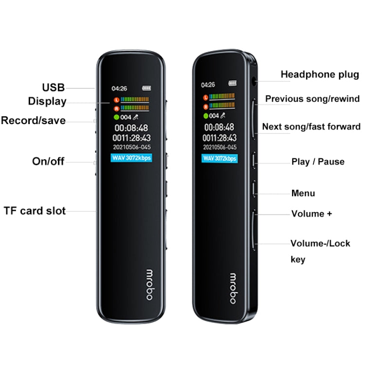 Mrobo RV-19 0.96-inch HD Screen 3D Noise Reduction Recording Pen Music Player, 4GB, 8GB, 16 GB, 32GB, 64GB, 128GB