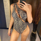 Leopard Print Hollow Strap One-piece Swimsuit For Women, S, M, L