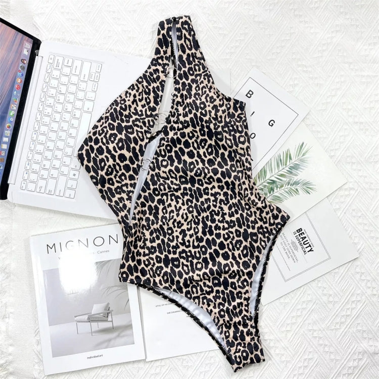 Leopard Print Hollow Strap One-piece Swimsuit For Women, S, M, L