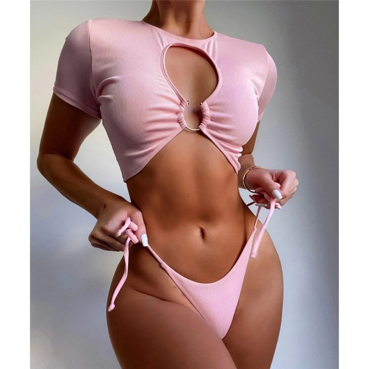 Women Two-Piece Short Sleeve Hollow Swimwear Set Female Bikini Bathing Suit, S, M, L