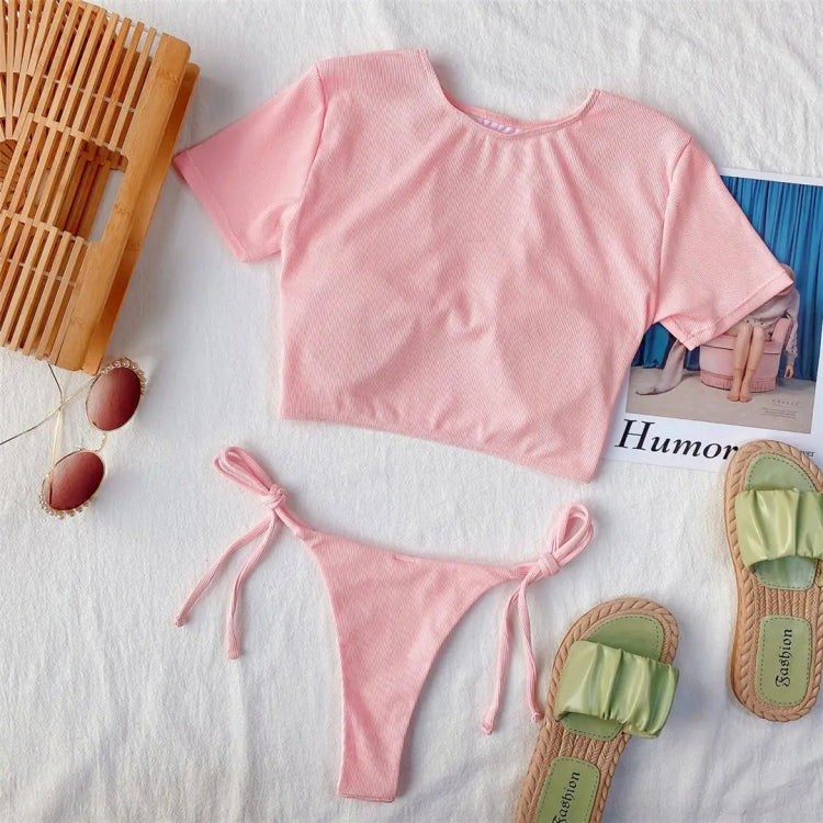 Women Two-Piece Short Sleeve Hollow Swimwear Set Female Bikini Bathing Suit, S, M, L