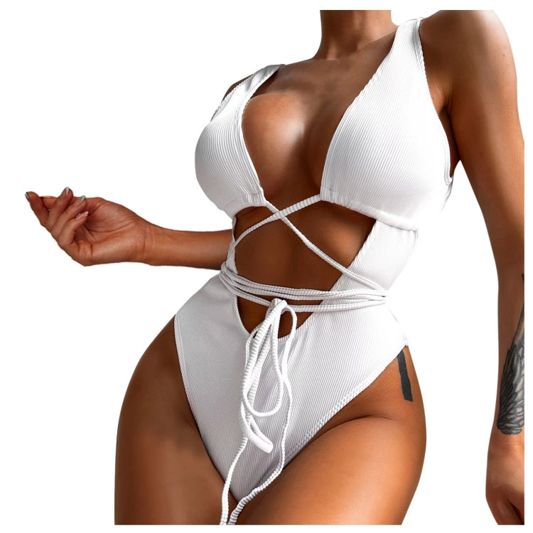 Women One Piece Swimsuit Solid Hollow Out Bandage Swimwear, S, M, L