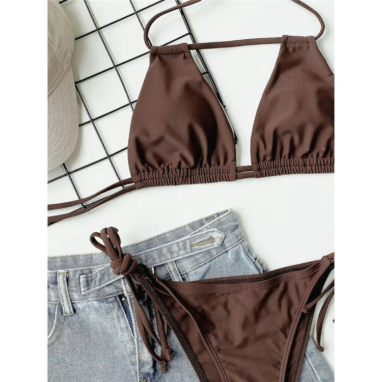Halter Neck Ruched Bikini Set Women Two-pieces Sexy Strappy Swimwear, S, M, L