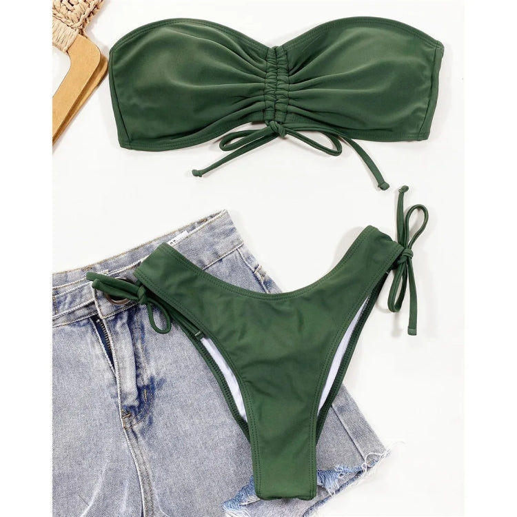 Women  Sexy Lace Up Bandeau Two Pieces Set Bikini Drawstring Tie Side Swimsuit Swimwear, S, M, L