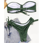 Women  Sexy Lace Up Bandeau Two Pieces Set Bikini Drawstring Tie Side Swimsuit Swimwear, S, M, L