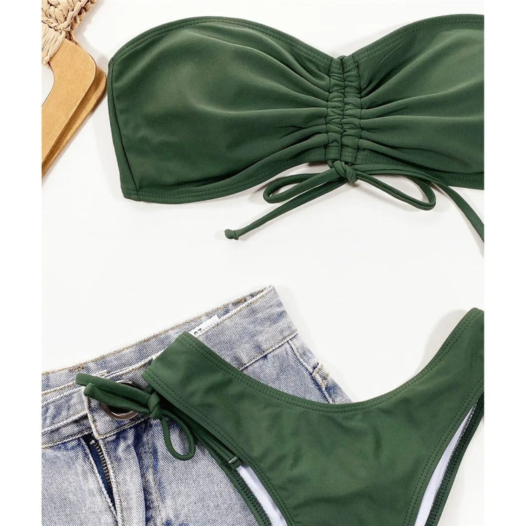Women  Sexy Lace Up Bandeau Two Pieces Set Bikini Drawstring Tie Side Swimsuit Swimwear, S, M, L