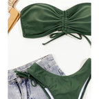 Women  Sexy Lace Up Bandeau Two Pieces Set Bikini Drawstring Tie Side Swimsuit Swimwear, S, M, L