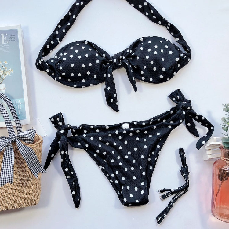 Women Dot Print Front Tie Bandeau Bikini Two Pieces Set Thong Swimsuit, S, M, L