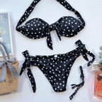 Women Dot Print Front Tie Bandeau Bikini Two Pieces Set Thong Swimsuit, S, M, L