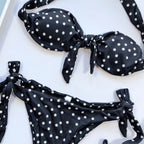 Women Dot Print Front Tie Bandeau Bikini Two Pieces Set Thong Swimsuit, S, M, L