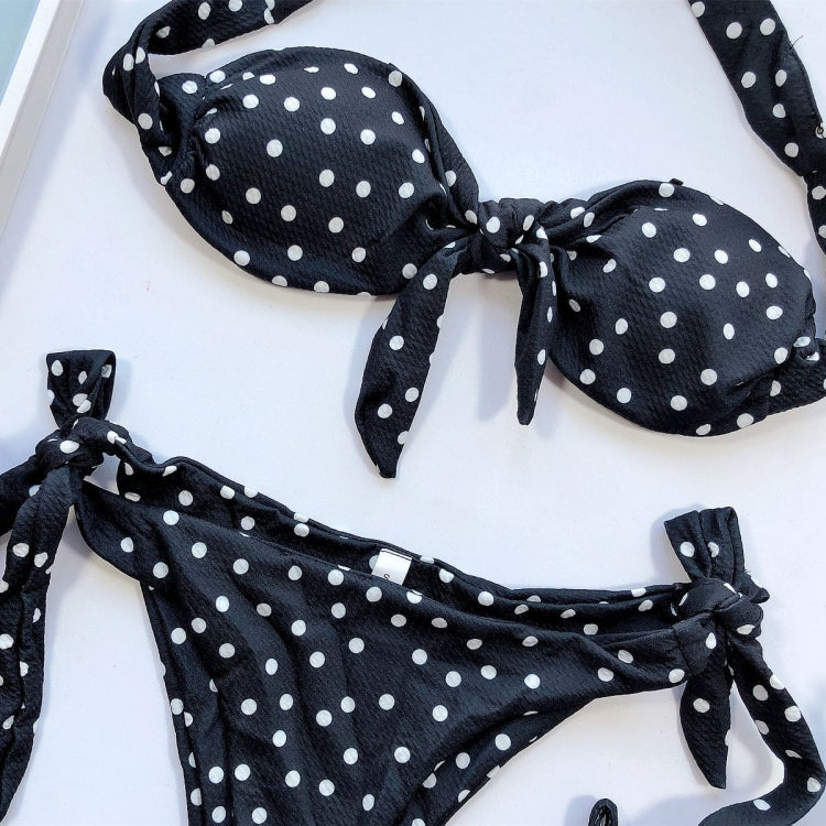 Women Dot Print Front Tie Bandeau Bikini Two Pieces Set Thong Swimsuit, S, M, L