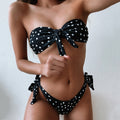Women Dot Print Front Tie Bandeau Bikini Two Pieces Set Thong Swimsuit, S, M, L