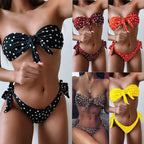 Women Dot Print Front Tie Bandeau Bikini Two Pieces Set Thong Swimsuit, S, M, L