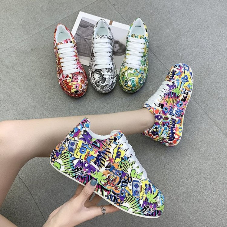 Outdoor Thick Bottom Lacing Sneakers Cartoon Graffiti Printed Couple Casual Shoes, 36, 37, 38, 39, 40, 41, 42, 43