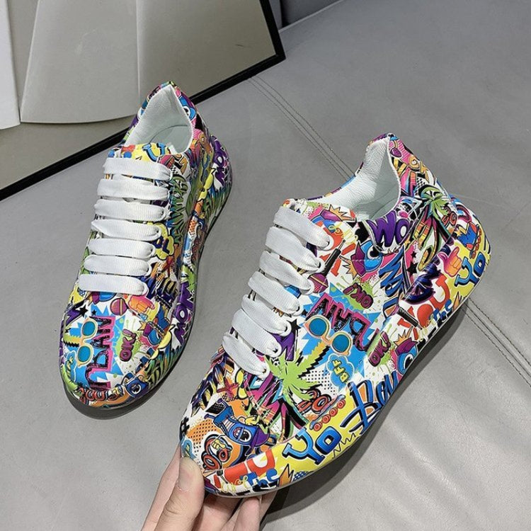 Outdoor Thick Bottom Lacing Sneakers Cartoon Graffiti Printed Couple Casual Shoes, 36, 37, 38, 39, 40, 41, 42, 43