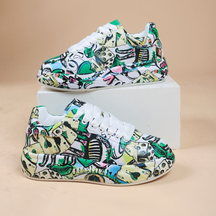 Outdoor Thick Bottom Lacing Sneakers Cartoon Graffiti Printed Couple Casual Shoes, 36, 37, 38, 39, 40, 41, 42, 43