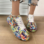 Outdoor Thick Bottom Lacing Sneakers Cartoon Graffiti Printed Couple Casual Shoes, 36, 37, 38, 39, 40, 41, 42, 43