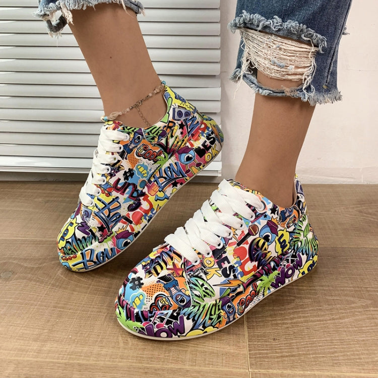 Outdoor Thick Bottom Lacing Sneakers Cartoon Graffiti Printed Couple Casual Shoes, 36, 37, 38, 39, 40, 41, 42, 43