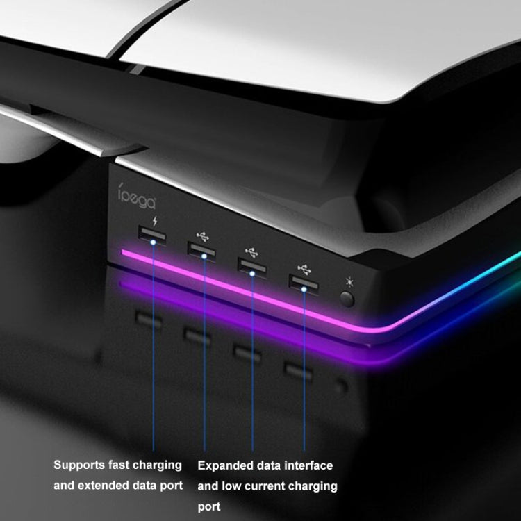 For Sony PS5 Slim IPEGA PG-P5S021 RGB Light Host Horizontal Stand With 4 USB HUBs, White, Black