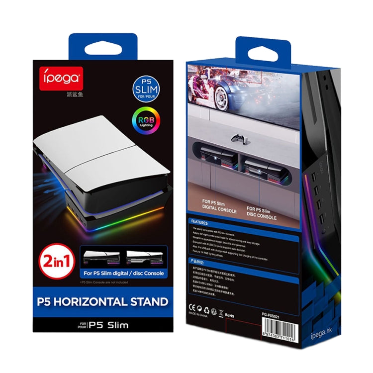For Sony PS5 Slim IPEGA PG-P5S021 RGB Light Host Horizontal Stand With 4 USB HUBs, White, Black