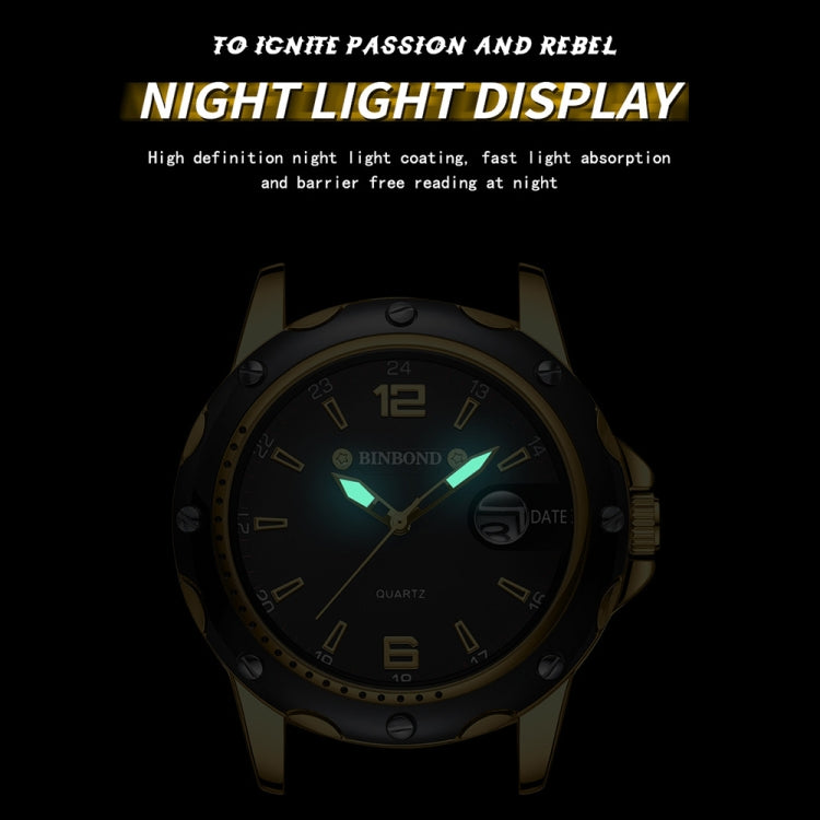 BINBOND B9696 Outdoor Calendar Luminous Waterproof Quartz Watch, White Steel-White, White Steel-Black, White Steel-Blue, Full Gold-Black-Gold Nail, Black Steel-Black-White Nail