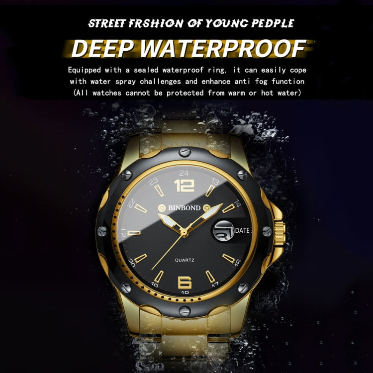 BINBOND B9696 Outdoor Calendar Luminous Waterproof Quartz Watch, White Steel-White, White Steel-Black, White Steel-Blue, Full Gold-Black-Gold Nail, Black Steel-Black-White Nail