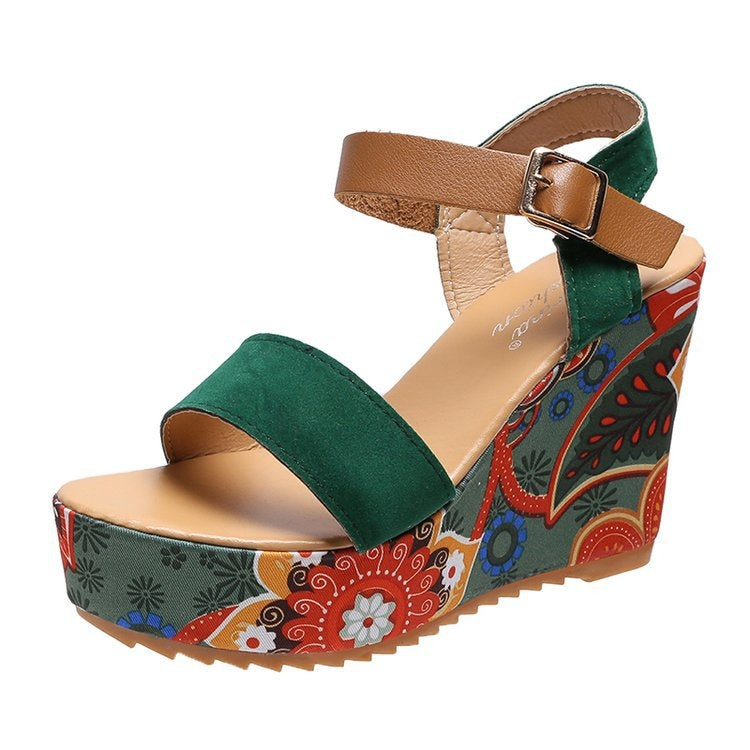 Summer Floral Fabric Slope Heel Women Sandals Comfortable Casual High Heels, 35, 36, 37, 38, 39, 40