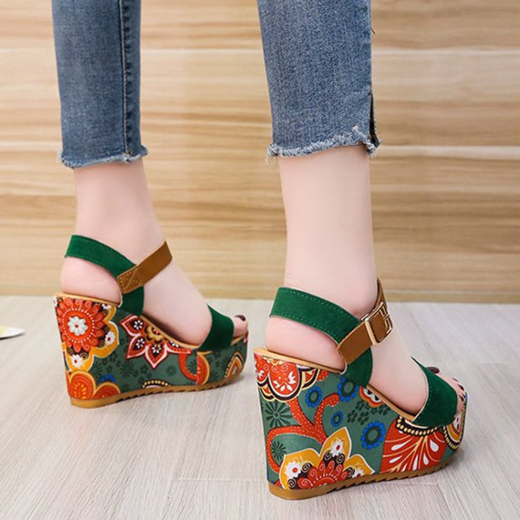 Summer Floral Fabric Slope Heel Women Sandals Comfortable Casual High Heels, 35, 36, 37, 38, 39, 40