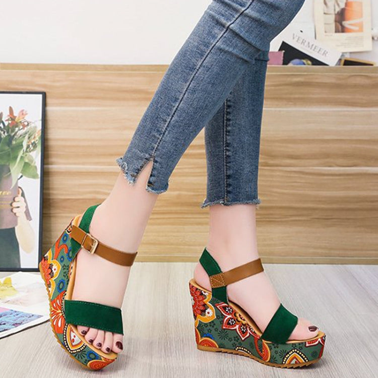 Summer Floral Fabric Slope Heel Women Sandals Comfortable Casual High Heels, 35, 36, 37, 38, 39, 40