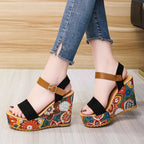 Summer Floral Fabric Slope Heel Women Sandals Comfortable Casual High Heels, 35, 36, 37, 38, 39, 40
