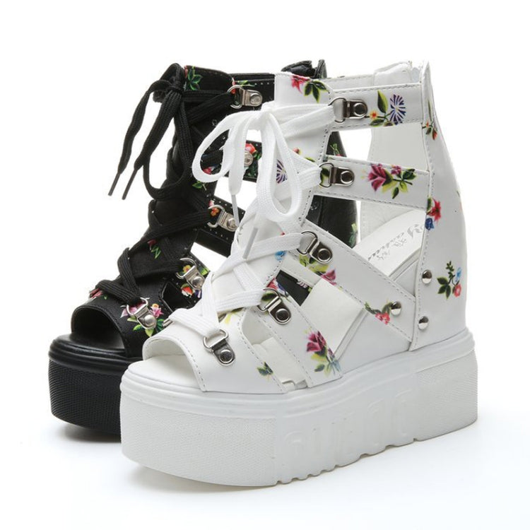 Summer Roman Sandals High Heel Floral Printed Cross Strap Women Shoes, 36, 37, 38, 39, 40, 41, 42